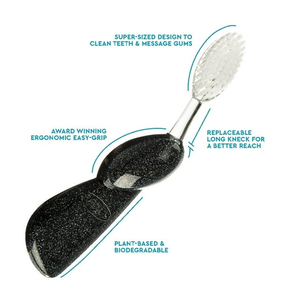 RADIUS Toothbrush Big Brush with Replaceable Head, Left Hand, Soft in Black Sparkle, BPA Free and ADA Accepted, Designed to Improve Gum Health and Reduce The Risk of Gum Disease