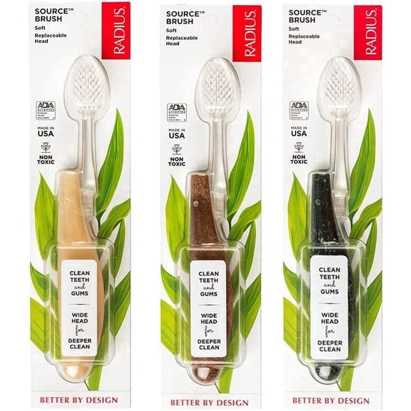 RADIUS Toothbrush Source Floss Brush BPA Free & ADA Accepted Improve Gum Health & Reduce Gum Issues - Soft - Cornstarch/Hemp/Money - Pack of 3
