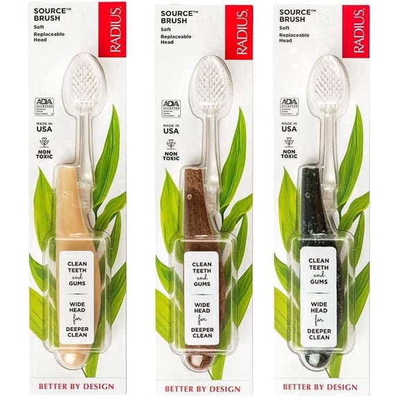 RADIUS Toothbrush Source Floss Brush BPA Free & ADA Accepted Improve Gum Health & Reduce Gum Issues - Soft - Cornstarch/Hemp/Money - Pack of 3