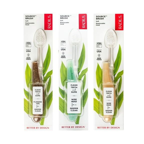 RADIUS Toothbrush Source Floss Brush BPA Free & ADA Accepted Improve Gum Health & Reduce Gum Issues - Soft - Hemp/Soda Pop Ecogrind/Starch - Pack of 3