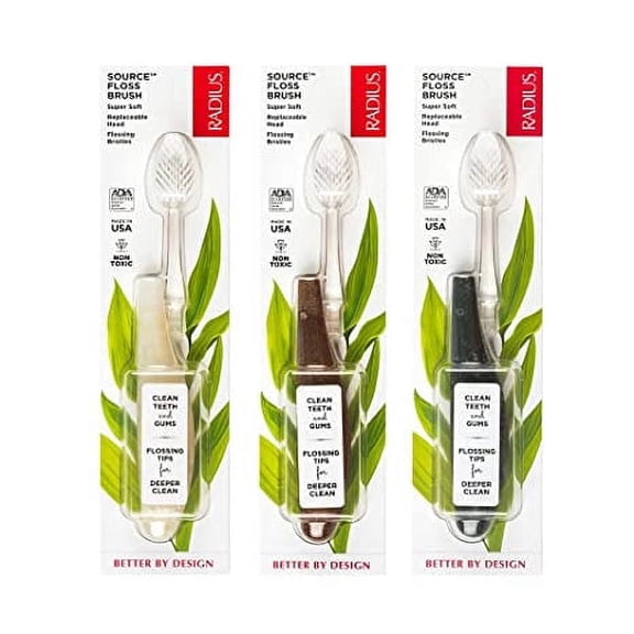 RADIUS Toothbrush Source Floss Brush BPA Free & ADA Accepted Improve Gum Health & Reduce Gum Issues - Super Soft - Cornstarch/Hemp/Money - Pack of 3