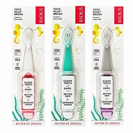 RADIUS Totz Plus Brush Kids Toothbrush Silky Soft BPA Free ADA Accepted Designed for Delicate Teeth & Gums for Children 3 Years & Up - Assorted - Pack of 3