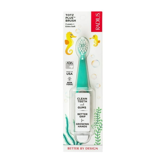 RADIUS Totz Plus Brush Kids Toothbrush Silky Soft BPA Free ADA Accepted Designed for Delicate Teeth & Gums for Children 3 Years & Up - Green/Grey - Pack of 1
