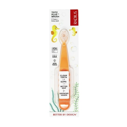 RADIUS Totz Plus Brush Kids Toothbrush Silky Soft BPA Free ADA Accepted Designed for Delicate Teeth & Gums for Children 3 Years & Up - Peach/Orange - Pack of 1