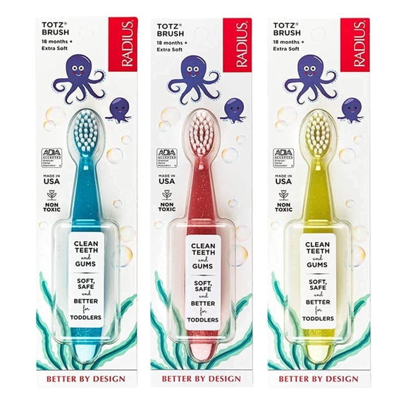 RADIUS Totz Toothbrush Extra Soft Brush BPA Free & ADA Accepted Designed for Delicate Teeth & Gums for Children 18 Months & Up - Blue Coral Yellow - Pack of 3