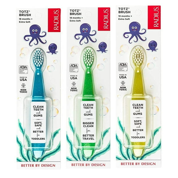 RADIUS Totz Toothbrush Extra Soft Brush BPA Free & ADA Accepted Designed for Delicate Teeth & Gums for Children 18 Months & Up - Green Blue Sparkle - Pack of 3