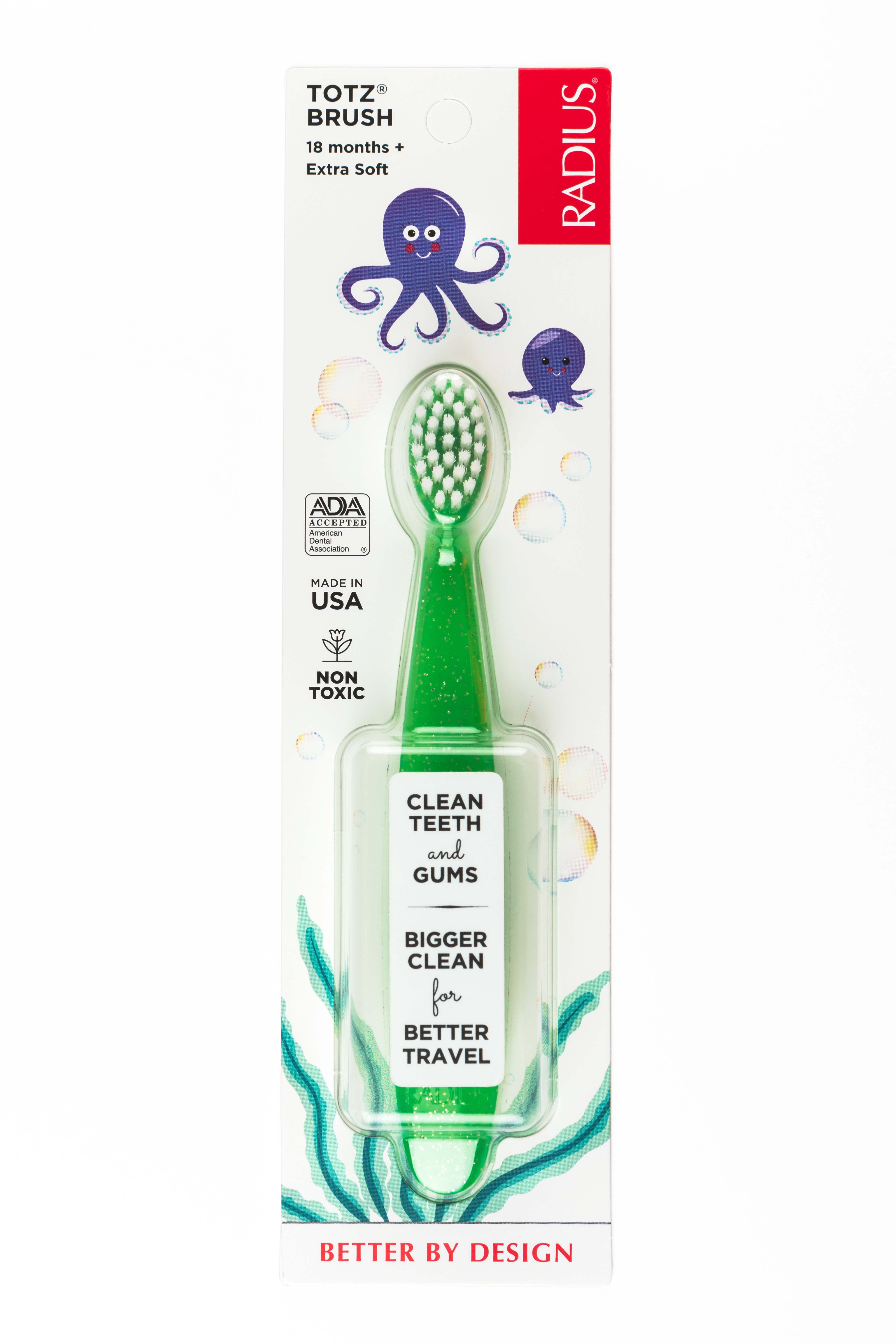 RADIUS Totz Toothbrush Extra Soft Brush BPA Free & ADA Accepted Designed for Delicate Teeth & Gums for Children 18 Months & Up - Green Sparkle - Pack of 1
