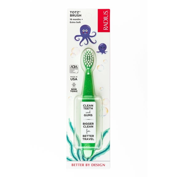 RADIUS Totz Toothbrush Extra Soft Brush BPA Free & ADA Accepted Designed for Delicate Teeth & Gums for Children 18 Months & Up - Green Sparkle - Pack of 1
