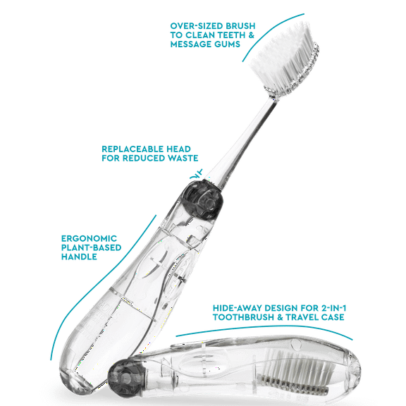 RADIUS Tour Travel Brush & Case with Replaceable Brush Head ADA Accepted Toothbrush Improve Gum Health - Black - Pack of 1