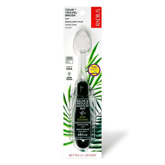RADIUS Tour Travel Brush & Case with Replaceable Brush Head ADA Accepted Toothbrush Improve Gum Health - Black - Pack of 1