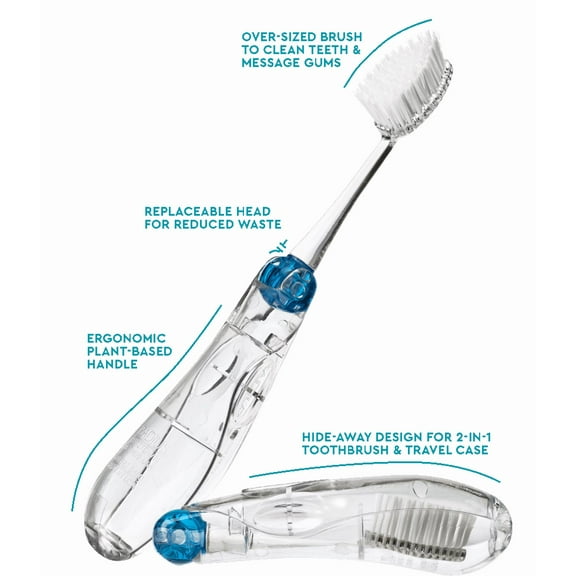 RADIUS Tour Travel Brush & Case with Replaceable Brush Head ADA Accepted Toothbrush Improve Gum Health - Blue - Pack of 1
