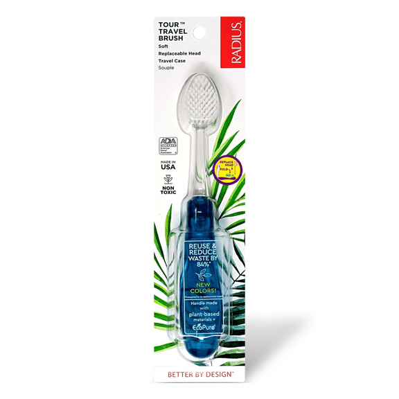 RADIUS Tour Travel Brush & Case with Replaceable Brush Head ADA Accepted Toothbrush Improve Gum Health - Blue - Pack of 1
