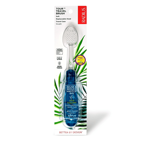 RADIUS Tour Travel Brush & Case with Replaceable Brush Head ADA Accepted Toothbrush Improve Gum Health - Blue - Pack of 1