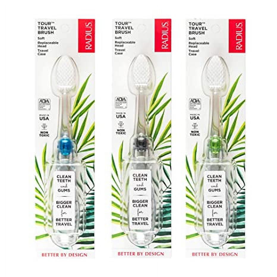 RADIUS Tour Travel Brush & Case with Replaceable Brush Head ADA Accepted Toothbrush Improve Gum Health - Blue Smoke Green - Pack of 3