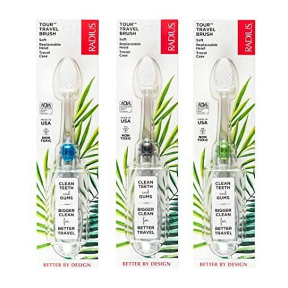 RADIUS Tour Travel Brush & Case with Replaceable Brush Head ADA Accepted Toothbrush Improve Gum Health - Blue Smoke Green - Pack of 3