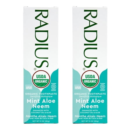RADIUS USDA Organic Mint Aloe Neem Toothpaste 2 Count, 3oz , Non Toxic , Designed to Improve Gum Health and Help Prevent Cavities