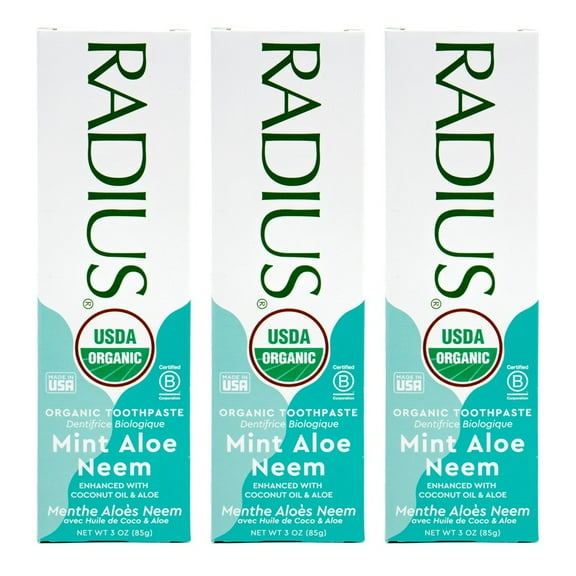 RADIUS USDA Organic Mint Aloe Neem Toothpaste 3 Count, 3oz , Non Toxic , Designed to Improve Gum Health and Help Prevent Cavities