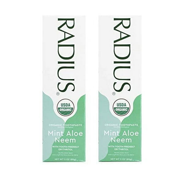 RADIUS USDA Organic Toothpaste 3oz Non Toxic Chemical-Free Gluten-Free Designed to Improve Gum Health & Prevent Cavity - Mint Aloe Neem - Pack of 2