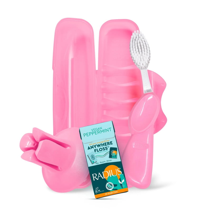 RADIUS Vacation Pastel Bundle, Includes Left Handed Big Brush, Toothbrush Travel Case, DOC Toothbrush Holder, Anywhere Travel Floss Packette, Pink, 4 Piece Bundle