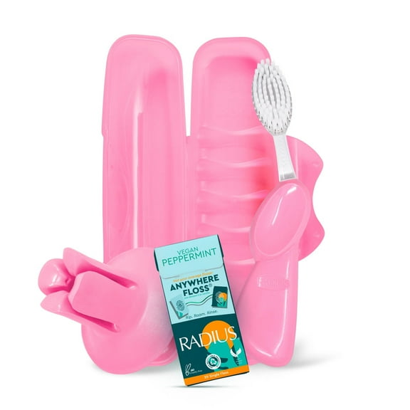 RADIUS Vacation Pastel Bundle, Includes Left Handed Big Brush, Toothbrush Travel Case, DOC Toothbrush Holder, Anywhere Travel Floss Packette, Pink, 4 Piece Bundle