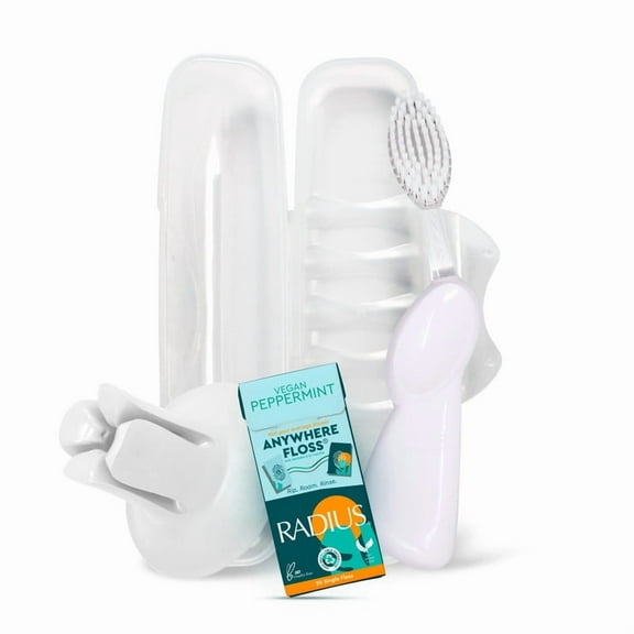 RADIUS Vacation Pastel Bundle, Includes Left Handed Big Brush, Toothbrush Travel Case, DOC Toothbrush Holder, Anywhere Travel Floss Packette, White, 4 Piece Bundle
