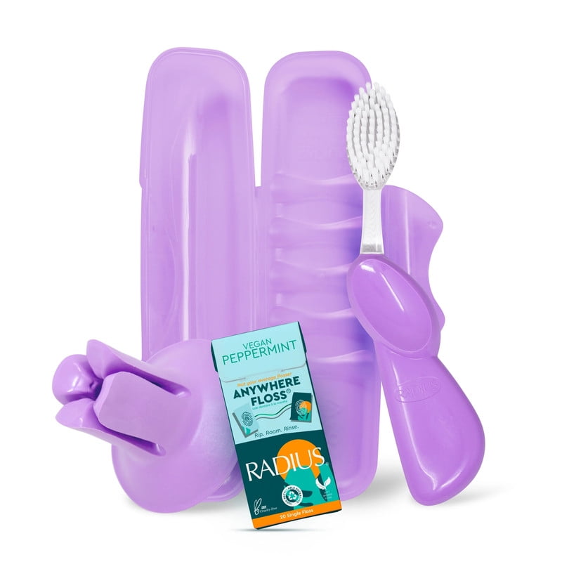 RADIUS Vacation Pastel Bundle, Includes Right Handed Big Brush, Toothbrush Travel Case, DOC Toothbrush Holder, Anywhere Travel Floss Packette, Lavender Purple, 4 Piece Bundle