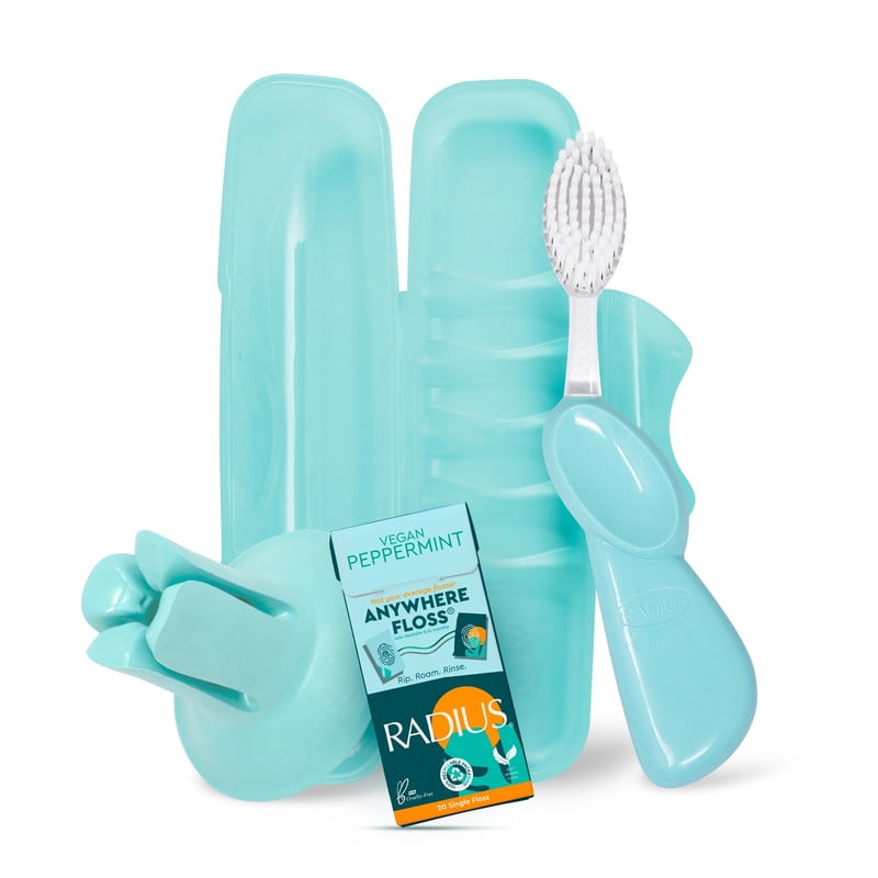 RADIUS Vacation Pastel Bundle, Includes Right Handed Big Brush, Toothbrush Travel Case, DOC Toothbrush Holder, Anywhere Travel Floss Packette, Mint Green, 4 Piece Bundle