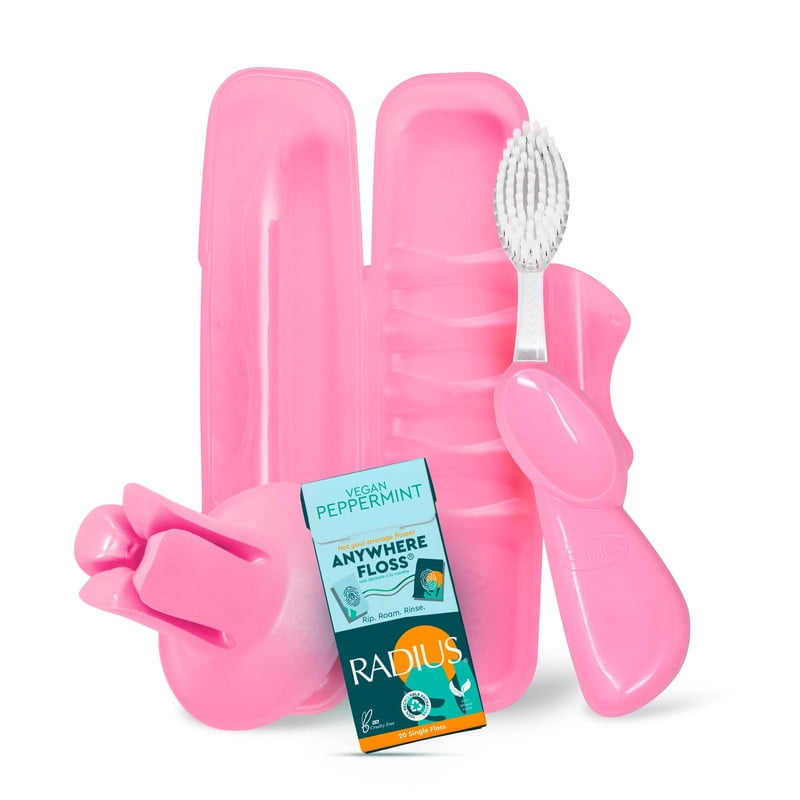 RADIUS Vacation Pastel Bundle, Includes Right Handed Big Brush, Toothbrush Travel Case, DOC Toothbrush Holder, Anywhere Travel Floss Packette, Pink, 4 Piece Bundle