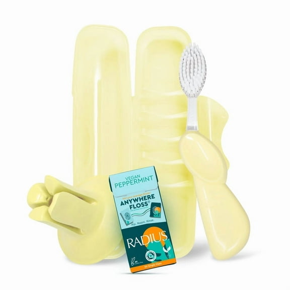 RADIUS Vacation Pastel Bundle, Includes Right Handed Big Brush, Toothbrush Travel Case, DOC Toothbrush Holder, Anywhere Travel Floss Packette, Lemon Meringue Yellow, 4 Piece Bundle