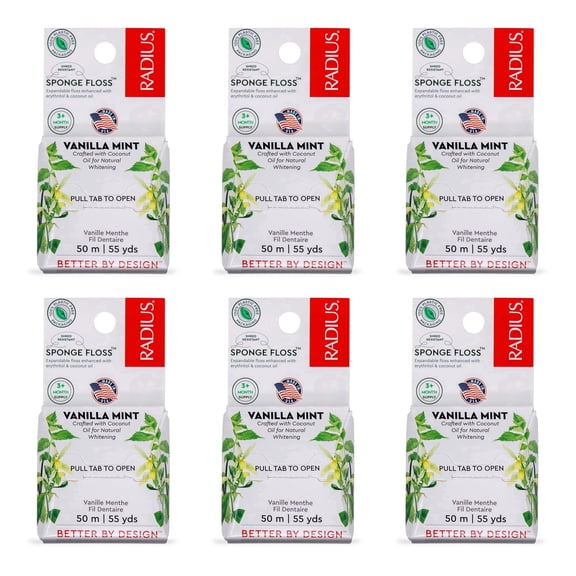 RADIUS Vanilla Mint Dental Floss 6 Count, 55 yards , Plastic-Free Packaging , Vegan and Non-Toxic, Erythritol for an Oral Care Boost , Total Tooth and Gum Protection