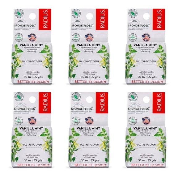 RADIUS Vanilla Mint Dental Floss 6 Count, 55 yards , Plastic-Free Packaging , Vegan and Non-Toxic, Erythritol for an Oral Care Boost , Total Tooth and Gum Protection
