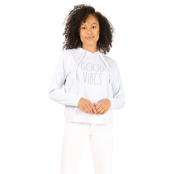 Rae Dunn Women's Ultra Soft Good Vibes Graphic Print Striped Sweatshirt Top Hoodie (White, M)