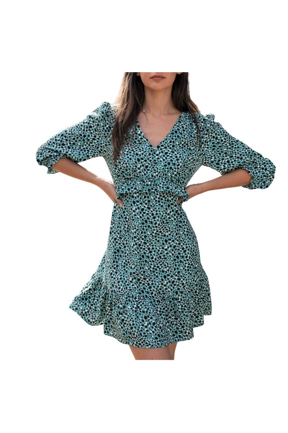 Women's Leopard Print Ruffle Trim Tiered Mini Dress (Green, 12)