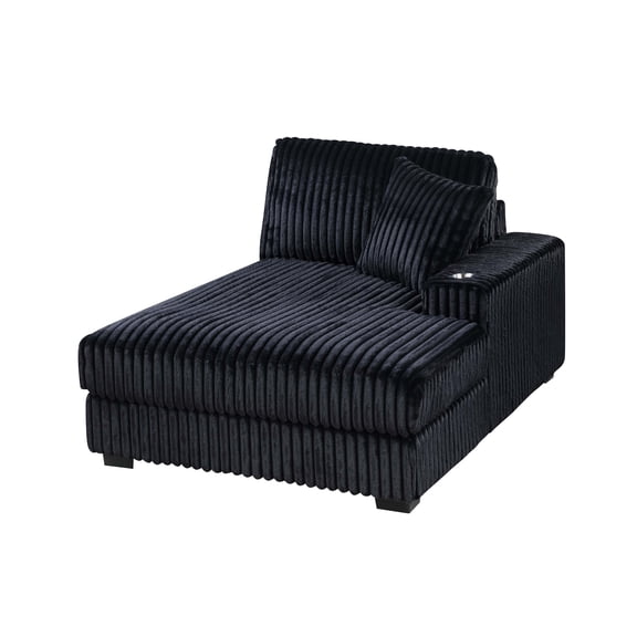 RAF Chaise Lounge, Black Jumbo Corduroy Fabric Modular Sectional Piece with Built-in Cup Holder and Throw Pillow, Contemporary Upholstered Living Room Seating, 46" x 68" x 37"H