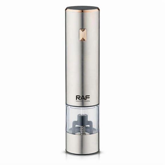 RAF Electric Stainless Steel Pepper Grinder – One-Handed Operation, Adjustable Coarseness, LED Light, Battery Operated – 70ml Capacity, Silver
