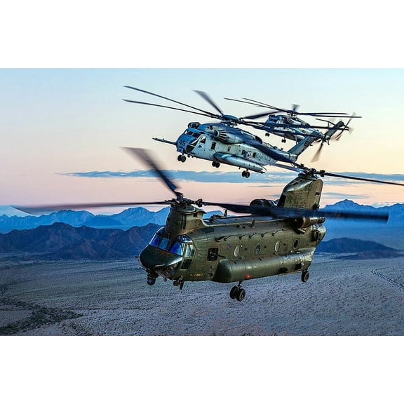 RAF Chinook Helicopters and USMC Sea Stallions - 12x18 Inch Laminated Aviation Poster - Stunning Detail and Bold Colors