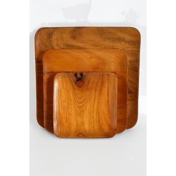 RAFAEL EXPORTS Handcrafted Wooden Serving Tray Set – 3-Piece Square Acacia Wood Platters with Rounded Corners – Nesting Design for Kitchen, Dining, Charcuterie & Home Décor