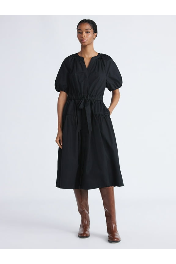 Women's and Women's Plus Cotton Midi Dress with Puff Sleeves, Sizes XS-4X