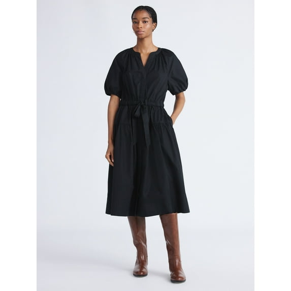 Free Assembly Women's and Women's Plus Cotton Midi Dress with Puff Sleeves, Sizes XS-4X