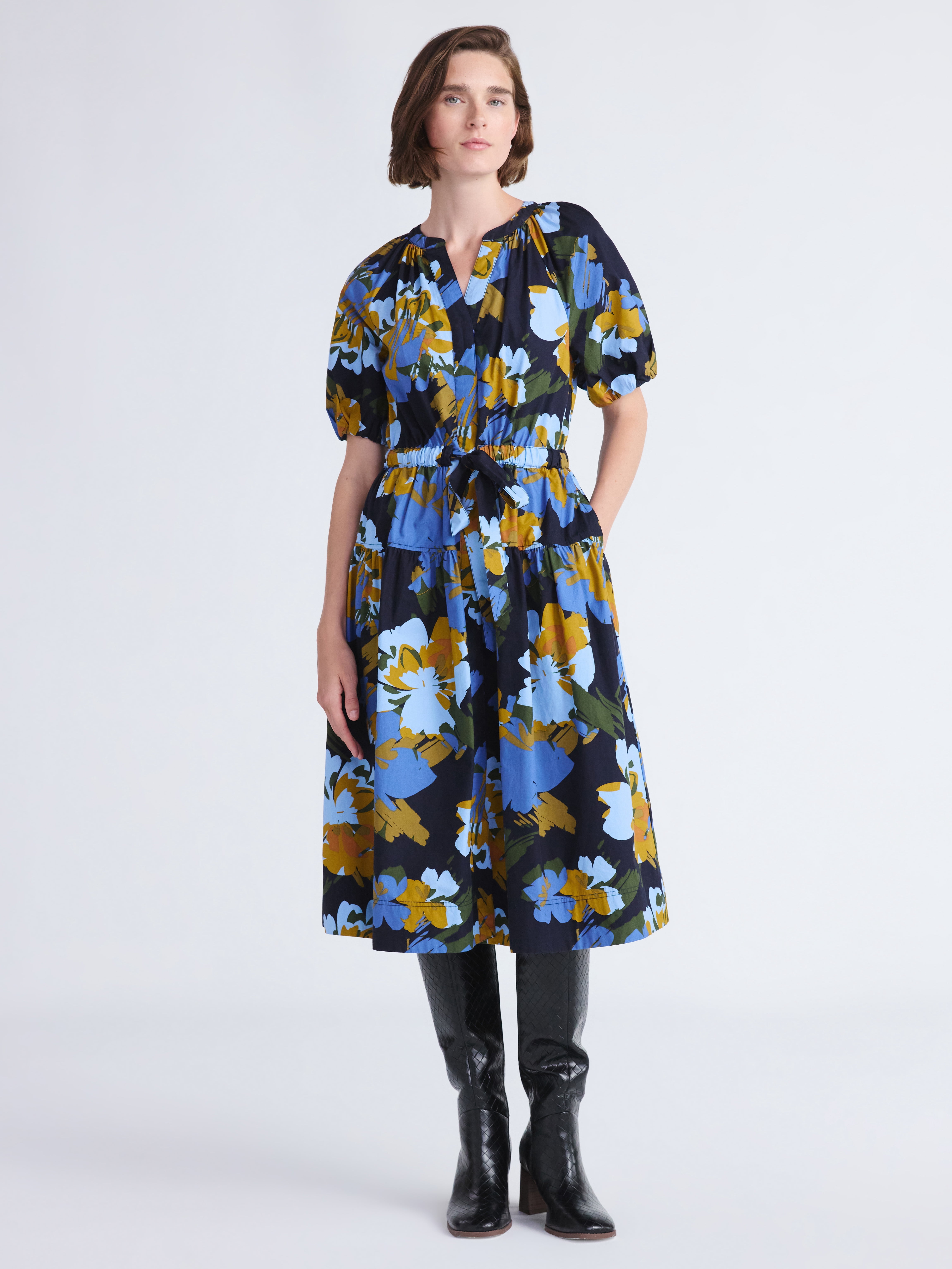 Free Assembly Women's and Women's Plus Cotton Midi Dress with Puff Sleeves, Sizes XS-4X