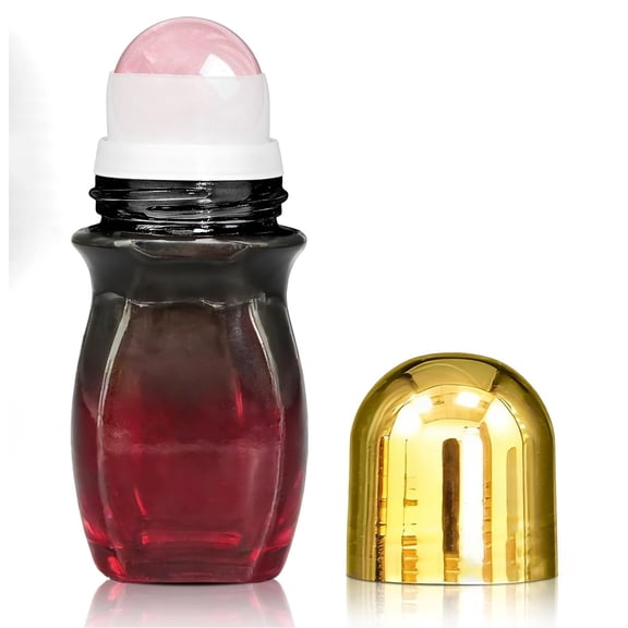 RAGUPEL 1 Pack Waisted Amber Glass Essential Oil Roller Bottles,50Ml Rose Quartz Roll on Bottles with Natural Crystal Roller Balls,Leak-Proof Refillable Perfume Containers with Gold Caps