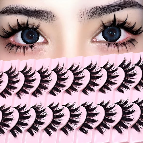 RAGUPEL 10 Pairs Manga Lashes 16mm Spiky Anime Cosplay Lashes - Japanese Style Doll Eye False Lashes with C Curl for Halloween Party Makeup - Natural Manhua Extension Lash Clusters for Women