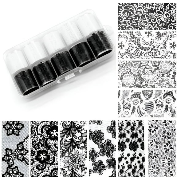 RAGUPEL 10 Rolls/Box White Black Nail Transfer Sticker Lace Nail Art Foils Set Paper DIY Manicure Nail Decoration Accessories