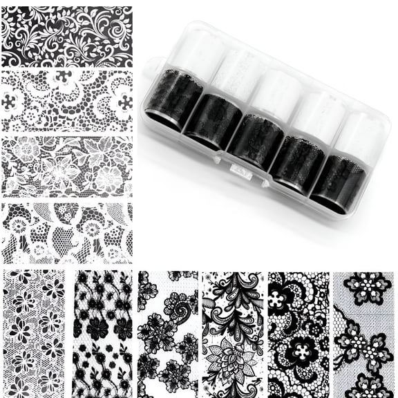 RAGUPEL 10 Rolls White and Black Lace Nail Transfer Sticker Foil Set, DIY Nail Art Foils Paper for Manicure Decoration, Vintage Lace Pattern Nail Accessories for Home and Salon Use