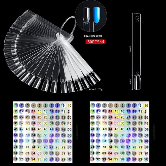 RAGUPEL 100 Fan-Shaped Nail Swatch Sticks with Holographic Number Stickers, Transparent Nail Art Practice Tips, Split Ring for Nail Color Display & Organization