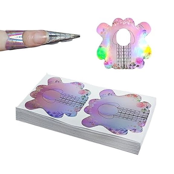 RAGUPEL 100Pcs Nail Form Laser Pink Acrylic Nail Extension Sticker,Poly Gel Sticker,Nail Extension Forms,Self-Adhesive Nail Tips Guide Stencil Manicure Tool