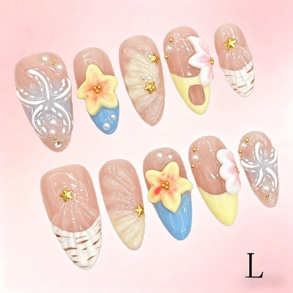 RAGUPEL 10PCS Handmade Summer Beach Press On Nails, Almond Stiletto French False Nails with 3D Flower Shell Star, Reusable Thick Acrylic Fake Nail Tips for Women Daily Vacation Party Nail Art