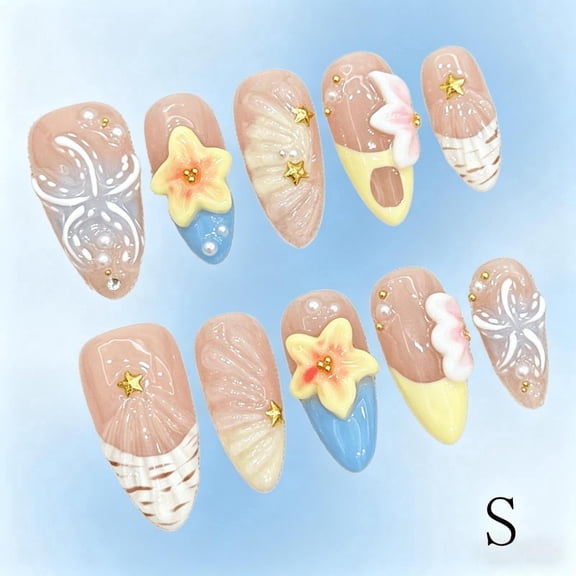 RAGUPEL 10PCS Handmade Summer Beach Press On Nails, Almond Stiletto French False Nails with 3D Flower Shell Star, Reusable Thick Acrylic Fake Nail Tips for Women Daily Vacation Party Nail Art
