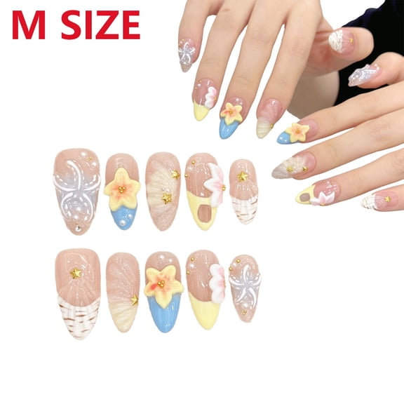 RAGUPEL 10Pcs 3D Starfish Shell Press on Nails, Summer Beach Ocean Themed Plastic False Nail Tips, Cute Flower Reusable Full Cover Fake Nails, Durable Nail Art for Women
