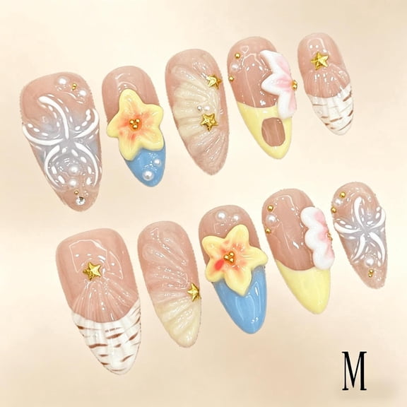 RAGUPEL 10Pcs Handmade Summer Beach Press on Nails, Almond Stiletto French False Nails with 3D Flower Shell Star, Reusable Thick Acrylic Fake Nail Tips for Women Daily Vacation Party Nail Art